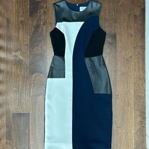 Prabal Gurung dress with leather patches. Size 6. Navy blue, white, black.